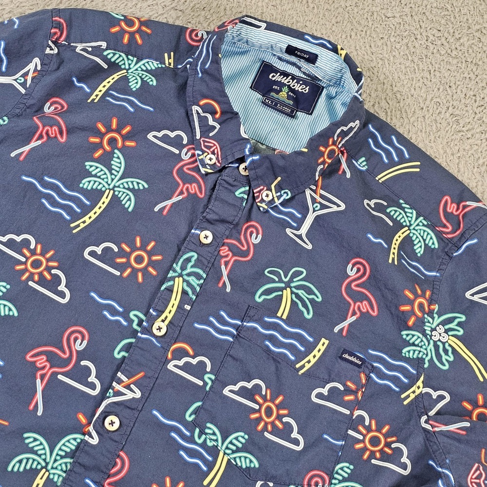 Chubbies Shirt Mens XL Navy Neon Tropical Flamingo Hawaiian Short Sleeve Print